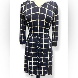 Lux II Women’s Sheath Dress Navy Blue‎ White Squares 3/4 Sleeve Belted Size 10